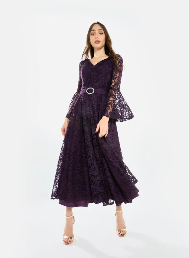 هاوس اوف مودا فستان ميدي بأكمام دانتيل واسعة